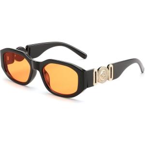 FEISEDY Retro Trendy Rectangle Sunglasses Women Men Vintage 90s Small Narrow Square Sunglasses B2322(012black Frame/Orange Lens)