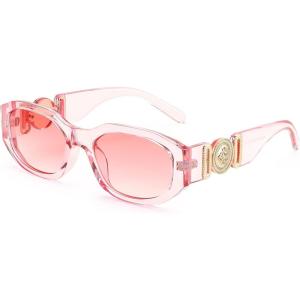 FEISEDY Retro Trendy Rectangle Sunglasses Women Men Vintage 90s Small Narrow Square Sunglasses B2322(013pink Transparent Frame/Pink Lens)