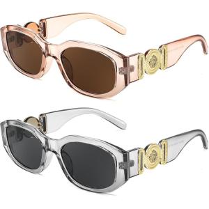 FEISEDY Retro Trendy Rectangle Sunglasses Women Men Vintage 90s Small Narrow Square Sunglasses B2322(2 Pack Tea+gray)