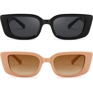 FEISEDY Small Rectangle Sunglasses for Women Men Vintage Trendy Y2K Rectangular Sunglasses B9066(Black + Beige Pink)