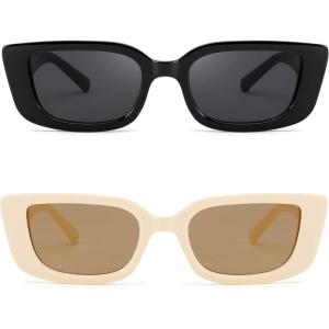FEISEDY Small Rectangle Sunglasses for Women Men Vintage Trendy Y2K Rectangular Sunglasses B9066(Black+beige)