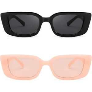 FEISEDY Small Rectangle Sunglasses for Women Men Vintage Trendy Y2K Rectangular Sunglasses B9066(Black+pink)
