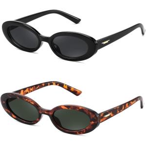 FEISEDY Small Retro Oval Cateye Sun Glasses for Women and Teens with Small Face, 90s Style Glasses B4172((2 Pack) Black & Leopard Frame/Green Lens)