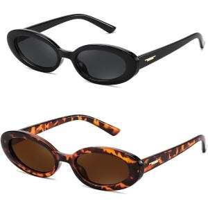 FEISEDY Small Retro Oval Cateye Sun Glasses for Women and Teens with Small Face, 90s Style Glasses B4172((2 Pack) Black & Leopard Frame/Tea Lens)