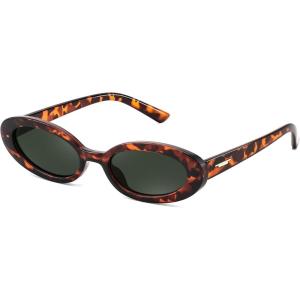FEISEDY Small Retro Oval Cateye Sun Glasses for Women and Teens with Small Face, 90s Style Glasses B4172(Leopard Frame/Green Lens)
