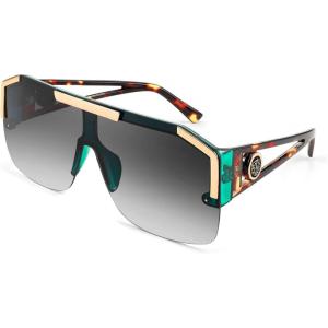 FEISEDY Square Oversized Sunglasses for Men Women, Flat Top Shield One Piece Lens Sun Glasses Shades B2765(Green Frame Gradient Grey Lens)