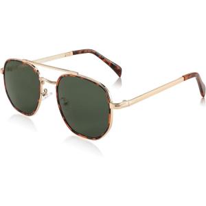FEISEDY Sunglasses Aviator Men Women 70s Sun Glasses Square Frame UV400 Protection B2953(Golden Frame & Green Lens)