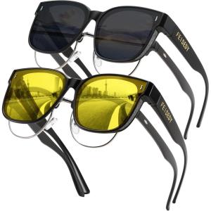 FEISEDY Sunglasses Fit Over Glasses Oversized Polarized Shiny for Women Sunglasses UV400 B0269(Z2pack (Black Frame & Yellow Lens + Matte Black Frame & Grey Lens))