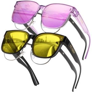 FEISEDY Sunglasses Fit Over Glasses Oversized Polarized Shiny for Women Sunglasses UV400 B0269(Z2pack (Black Frame & Yellow Lens + Transparent Purple Frame & Purple Mirror Lens))