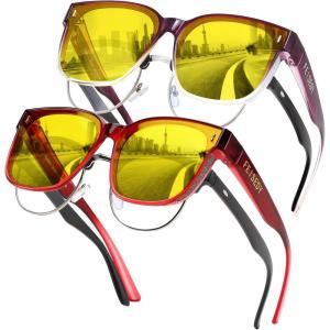 FEISEDY Sunglasses Fit Over Glasses Oversized Polarized Shiny for Women Sunglasses UV400 B0269(Z2pack (Yellow Lens – Gradual Red Frame + Yellow Lens – Gradual Purple Frame))