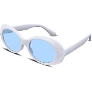 FEISEDY Sunglasses White Oval Clout Goggles for Women Men Retro Round Trendy Rimmed Clueless Costume Frame B2253(White-blue)
