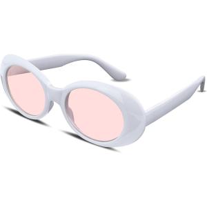 FEISEDY Sunglasses White Oval Clout Goggles for Women Men Retro Round Trendy Rimmed Clueless Costume Frame B2253(White-pink)