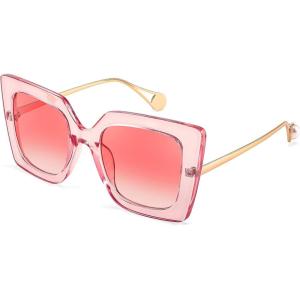 FEISEDY Sunglasses Womens Trendy, Oversized Square Shades, Pearl Inlay Cat Eye Frame UV400 Protection B2625(Clear Pink)
