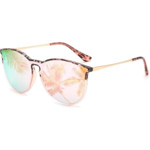 FEISEDY Sunglasses for Women Men Retro Round Cateye Designer Cute Mirrored UV Protection Lens B0210(Pink Leopard – Pink Revo)