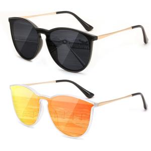 FEISEDY Sunglasses for Women Men Retro Round Cateye Designer Cute Mirrored UV Protection Lens B0210(Z2pack Black-grey + Transparent-red Revo)