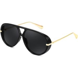 FEISEDY Trendy Oversized Aviator Sunglasses for Women Men Retro Big Round Shield Sun Glasses B4181(Black)