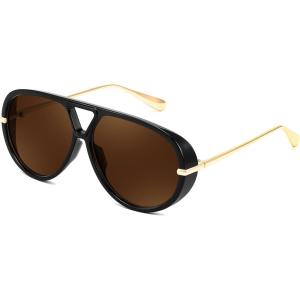 FEISEDY Trendy Oversized Aviator Sunglasses for Women Men Retro Big Round Shield Sun Glasses B4181(Black/Brown)