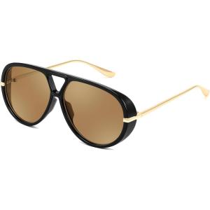 FEISEDY Trendy Oversized Aviator Sunglasses for Women Men Retro Big Round Shield Sun Glasses B4181(Black/Tea)