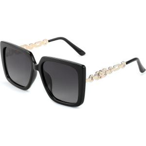 FEISEDY Trendy Polarized Cateye Sunglasses Womens Vintage Oversized Square Sunglasses UV400 Protection B0003(Black Frame Gradient Grey Lens)