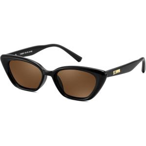 FEISEDY Trendy Polarized Cateye Sunglasses for Women Men Retro Rectangle Narrow Sunnies B4176(Black Frame/Brown Lens)