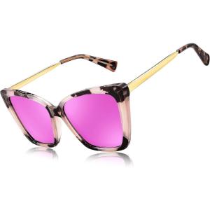 FEISEDY Trendy Polarized Women Sunglasses, Retro Womens Square Cat Eye Sun Glasses B4134(Marble Frame/Purple Pink Mirror)