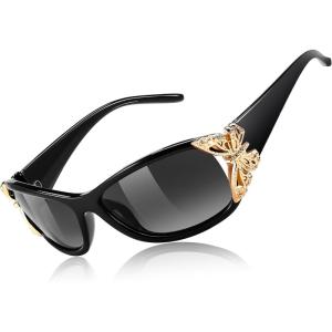 FEISEDY Trendy Polarized Y2K Sunglasses Wrap Around Butterfly Design Fashion Sunnies UV400 Protection B0078(Black – Golden)