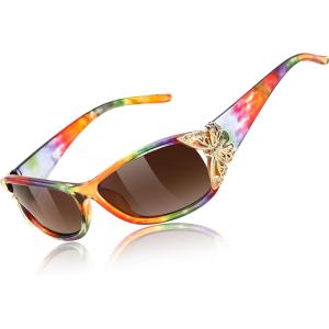 FEISEDY Trendy Polarized Y2K Sunglasses Wrap Around Butterfly Design Fashion Sunnies UV400 Protection B0078(Colorful Patterns Frame & Gradual Tea Lens)