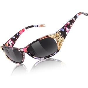 FEISEDY Trendy Polarized Y2K Sunglasses Wrap Around Butterfly Design Fashion Sunnies UV400 Protection B0078(Floral Frame & Gradual Grey Lens)