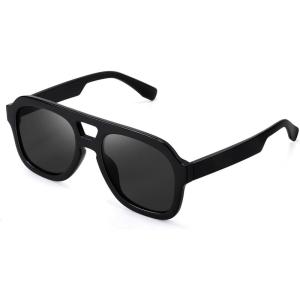 FEISEDY Vintage Aviator Sunglasses Double Bridge Women Men Large Square Thick Frame Trendy Eyewear UV400 B2846(Black Frame & Gray Lens)