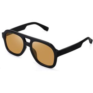 FEISEDY Vintage Aviator Sunglasses Double Bridge Women Men Large Square Thick Frame Trendy Eyewear UV400 B2846(Black Frame & Tea Lens)