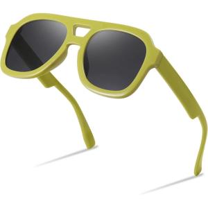 FEISEDY Vintage Aviator Sunglasses Double Bridge Women Men Large Square Thick Frame Trendy Eyewear UV400 B2846(Green Frame & Gray Lens)