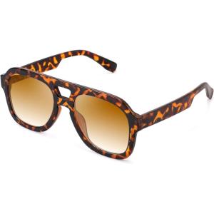 FEISEDY Vintage Aviator Sunglasses Double Bridge Women Men Large Square Thick Frame Trendy Eyewear UV400 B2846(Leopard Frame & Tea Lens)