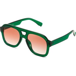 FEISEDY Vintage Aviator Sunglasses Double Bridge Women Men Large Square Thick Frame Trendy Eyewear UV400 B2846(Transparent Green & Gradient Orange Lens)