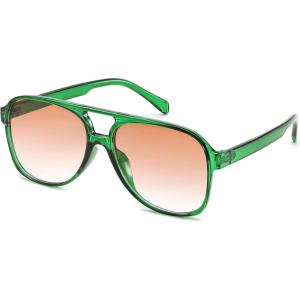 FEISEDY Vintage Retro 70s Plastic Aviator Sunglasses Women Men Classic Large Squared Frame B2751(Green Frame – Gradient Red Lens)