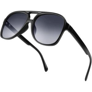 FEISEDY Vintage Retro 70s Plastic Aviator Sunglasses Women Men Classic Large Squared Frame B2751(Polarized Black Frame)