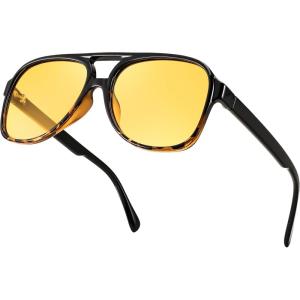 FEISEDY Vintage Retro 70s Plastic Aviator Sunglasses Women Men Classic Large Squared Frame B2751(Polarized Black Leopard – Yellow Lens)