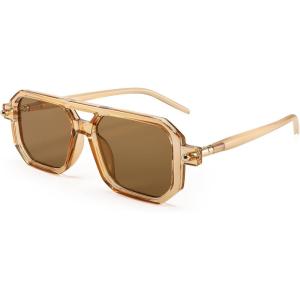 FEISEDY Vintage Square 70s Flat Aviator Sunglasses Women Men Classic Retro Stylish Frame UV400 Sunglasses B2622(008 Brown Transparent Frame & Brown Lens)
