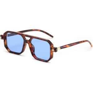 FEISEDY Vintage Square 70s Flat Aviator Sunglasses Women Men Classic Retro Stylish Frame UV400 Sunglasses B2622(017 Leopard Frame & Blue Lens)