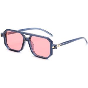 FEISEDY Vintage Square 70s Flat Aviator Sunglasses Women Men Classic Retro Stylish Frame UV400 Sunglasses B2622(019 Ink Blue Frame & Pink Lens)