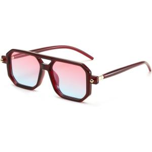FEISEDY Vintage Square 70s Flat Aviator Sunglasses Women Men Classic Retro Stylish Frame UV400 Sunglasses B2622(025 Dark Red Frame & Pink Blue Lens)