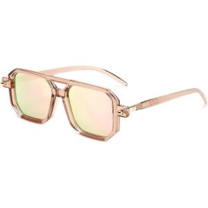 FEISEDY Vintage Square 70s Flat Aviator Sunglasses Women Men Classic Retro Stylish Frame UV400 Sunglasses B2622(028 Champagne Frame & Pink Mirrored Lens)