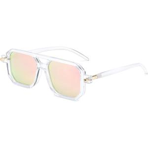 FEISEDY Vintage Square 70s Flat Aviator Sunglasses Women Men Classic Retro Stylish Frame UV400 Sunglasses B2622(030 Transparent Frame & Pink Mirrored Lens)