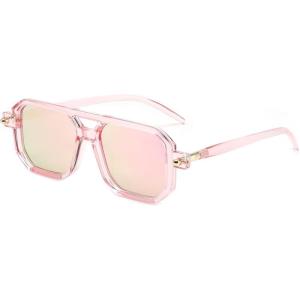 FEISEDY Vintage Square 70s Flat Aviator Sunglasses Women Men Classic Retro Stylish Frame UV400 Sunglasses B2622(033 Transparent Pink Frame & Pink Mirrored Lens)