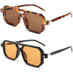 FEISEDY Vintage Square 70s Flat Aviator Sunglasses Women Men Classic Retro Stylish Frame UV400 Sunglasses B2622(2 Pack Leopard/Tea + Black/Orange)
