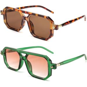 FEISEDY Vintage Square 70s Flat Aviator Sunglasses Women Men Classic Retro Stylish Frame UV400 Sunglasses B2622(2 Pack Leopard/Tea + Transparent Green/Gradient Orange)