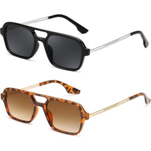 FEISEDY Vintage Square 70s Flat Aviator Sunglasses Women Men Metal Design Shades B2752(2 Pack – Leopard/Tea + Black/Grey)
