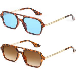 FEISEDY Vintage Square 70s Flat Aviator Sunglasses Women Men Metal Design Shades B2752(2 Pack – Leopard/Tea + Tortoise/Blue)