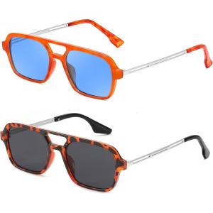 FEISEDY Vintage Square 70s Flat Aviator Sunglasses Women Men Metal Design Shades B2752(2 Pack – Orange/Blue + Leopard/Gray)