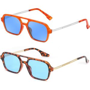 FEISEDY Vintage Square 70s Flat Aviator Sunglasses Women Men Metal Design Shades B2752(2 Pack – Orange/Blue + Tortoise/Blue)