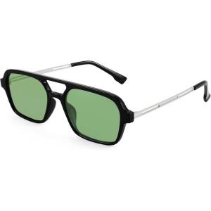 FEISEDY Vintage Square 70s Flat Aviator Sunglasses Women Men Metal Design Shades B2752(Black Frame/Yellowish Green Lens)